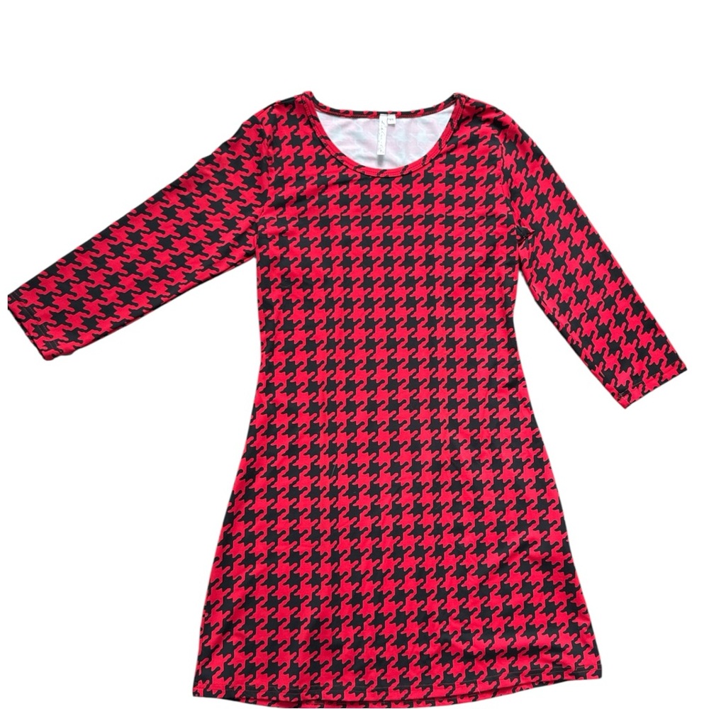 LULU B Stretch Red Black Houndstooth Print Casual Dress Size XS